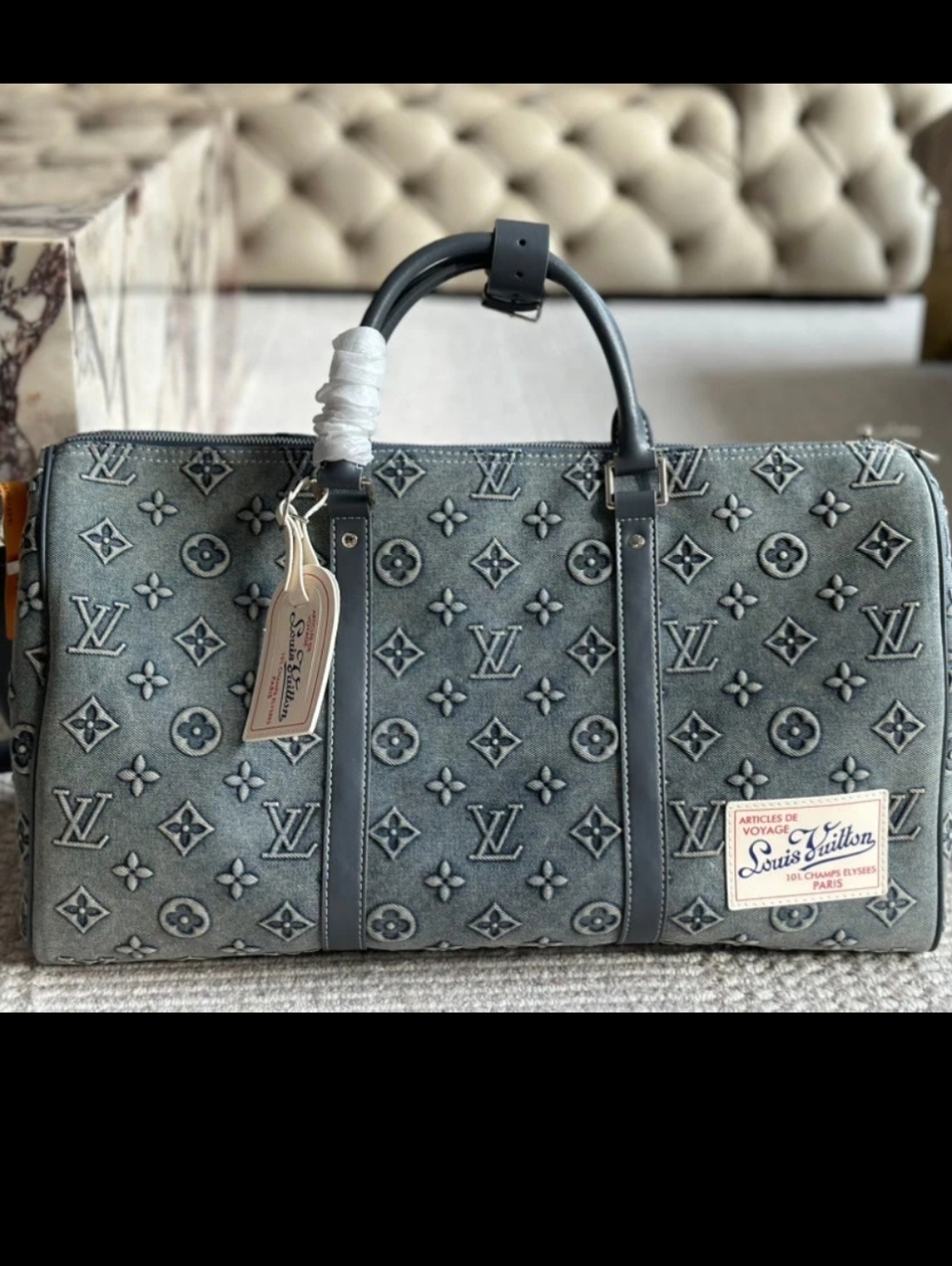 Cotton Denim Design All Kept 50 Traveler Embo Monogram Stonewashed Delux Duffel - Picture 2 of 16